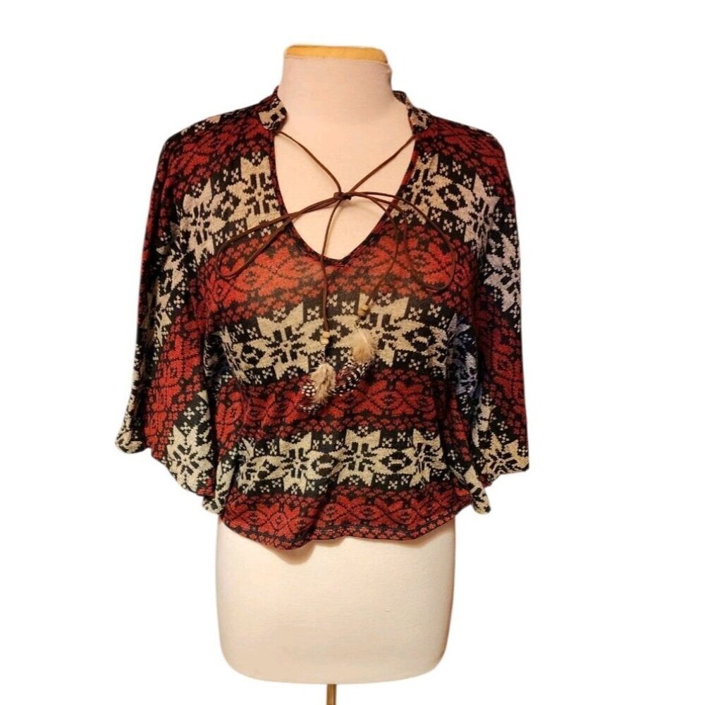 Y2k Fair Isle Beaded Feather Boho Blouse Bat Wing Sleeve Crop Size Small